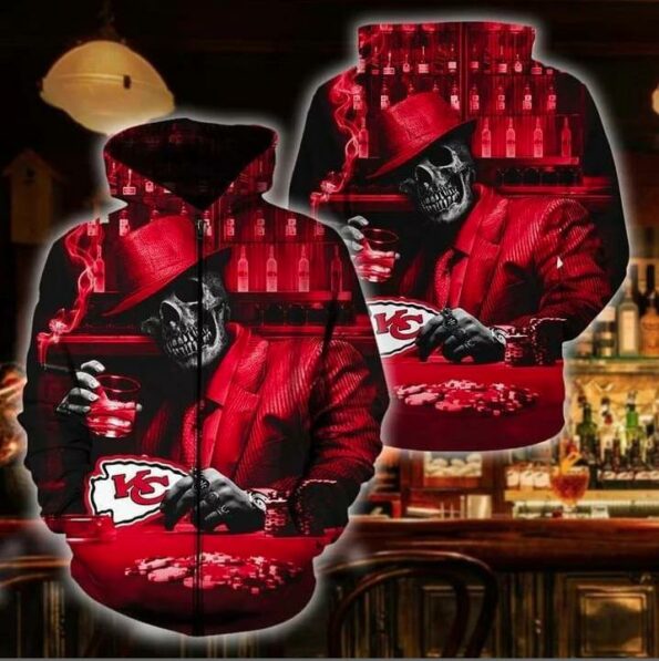 Kansas City Chiefs Skull With A Card All Over Print 3D Men’s And Women’s Sweatshirt Zip Hoodie T-shirt Sizes S-5XL